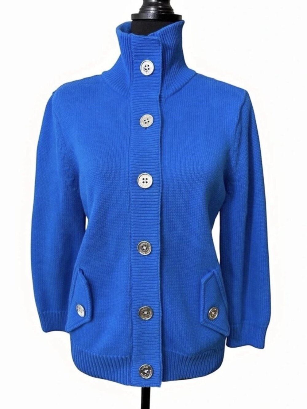 Lauren Ralph Lauren Blue Cotton Mock Neck Button Cardigan Pockets Women's XS